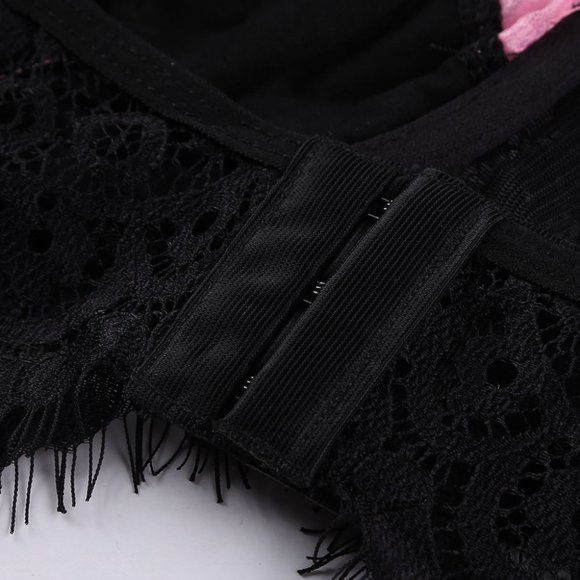 Pink and Black Spaghetti Strap Eyelash Lace Bra Set Garter and Panty L… - Picture 10 of 13